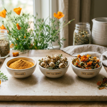 California poppy powder vs dried pods vs tea heads — format comparison for buyers.