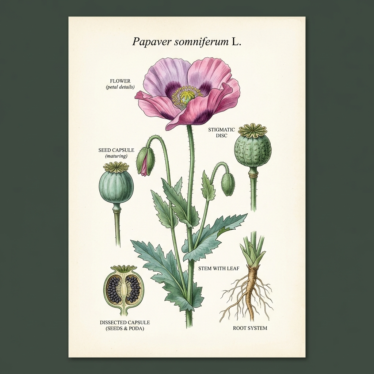 Mature Papaver somniferum opium poppy plant with labeled seed capsule