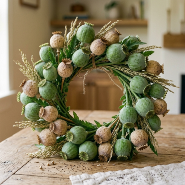 Handmade decorative wreath accented with dried poppy pod heads and sage bundles.