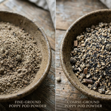 Comparison of fine and coarse ground poppy pod powder grades showing texture difference for different buyer applications