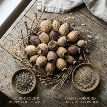 Dried Papaver somniferum poppy pods in botanical craft arrangement displayed next to fine ground poppy pod powder