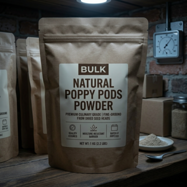 Proper storage setup for natural poppy pods powder in a sealed opaque bag, kept in a cool dry environment away from light and humidity