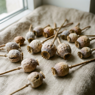 Dried poppy pods arranged on a neutral background in soft natural light.