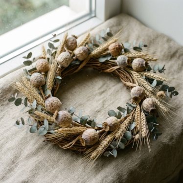 Decorative dried wreath featuring poppy pods, wheat, and eucalyptus.