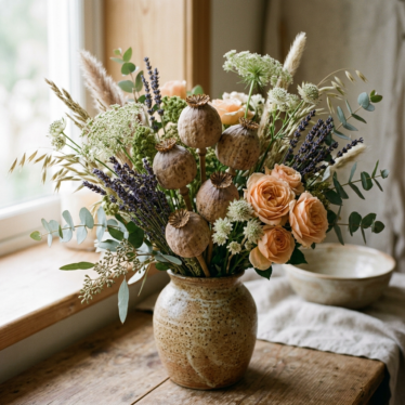 A rustic floral arrangement showcasing premium dried poppy pods in a ceramic vase.