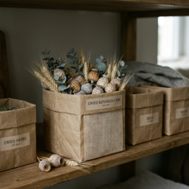 Dried botanicals stored in a breathable container away from direct sunlight.