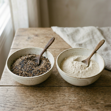 Comparison of coarse-ground and finely milled poppy pods powder textures.