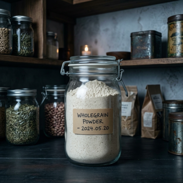 Poppy pods powder stored in a sealed, labeled glass jar in a dark pantry.