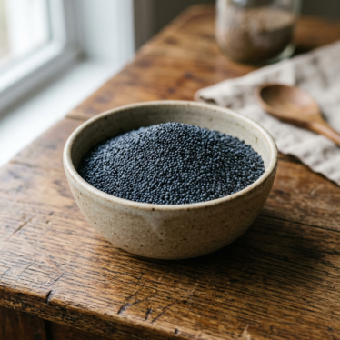 Close-up of food-grade poppy seeds in a white bowl.