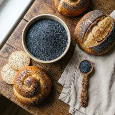 Poppy seed bread and muffins arranged on a kitchen counter.