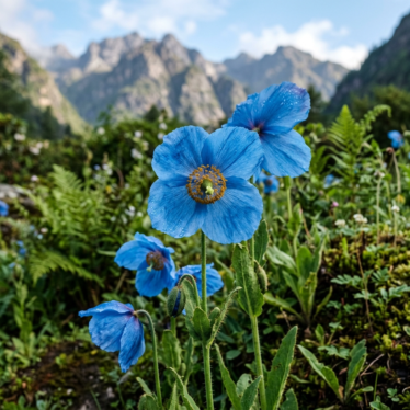 Himalayan blue poppy flowers (Meconopsis betonicifolia) grown from blue poppy flower seeds in a shaded garden bed.