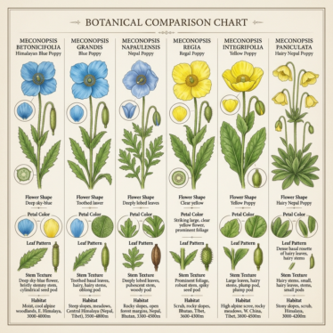Botanical classification chart comparing Meconopsis betonicifolia, Meconopsis grandis, and Meconopsis sheldonii blue poppy varieties.