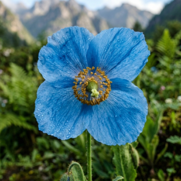 Close-up of a Meconopsis betonicifolia blue poppy flower showing crepe-textured sky-blue petals.