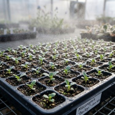 Blue poppy seedlings germinating in a seed tray using surface sowing and fine-mist watering technique.