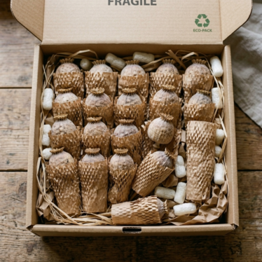 A cardboard shipping box showing securely packaged dried poppy pods for safe transit.