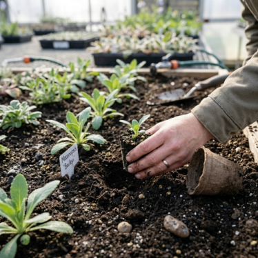 Gardener transplanting a Himalayan blue poppy seedling into enriched, moist garden soil.