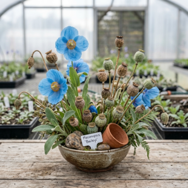 Decorative floral arrangement featuring fresh Himalayan blue poppy flowers and dried poppy pods.
