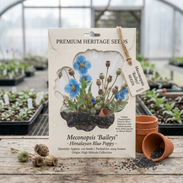 Packaged non-GMO blue poppy flower seeds labeled Meconopsis betonicifolia available to buy online.