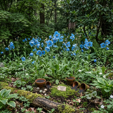 Himalayan blue poppy plants grown from blue poppy flower seeds in a moist, shaded garden bed."