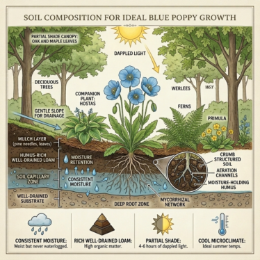 Soil composition diagram for blue poppy flower seeds showing humus-rich loam, leaf mold, and drainage layers.