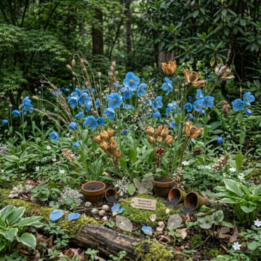 Ornamental floral arrangement featuring Himalayan blue poppy flowers and dried poppy pods.
