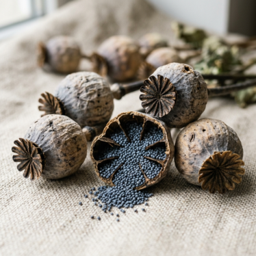 Dried blue poppy pod seeds showing ribbed seed capsules and slate-blue poppy seeds arranged on a neutral linen surface.