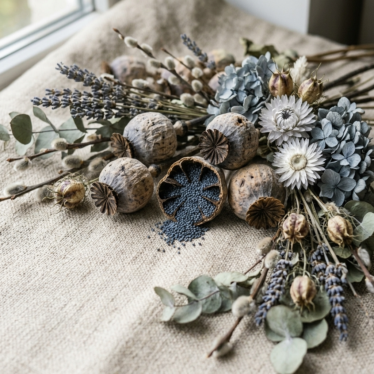 Decorative floral arrangement featuring dried blue poppy pods alongside lavender and dried foliage in a ceramic vase.