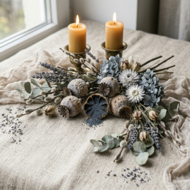 Decorative table centerpiece featuring blue poppy pod seeds arranged with candles and dried foliage.
