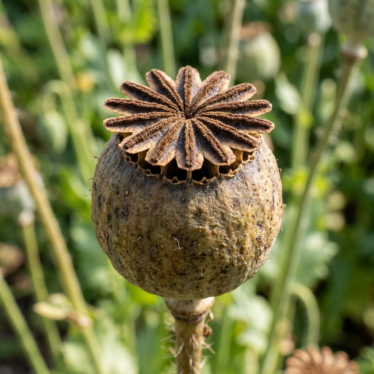 Close-up of a poppy capsule showing the hardened star-shaped crown and open pores.