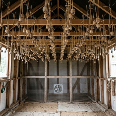Poppy seed capsules hanging upside down to air dry before being used as blue poppy pod seeds.