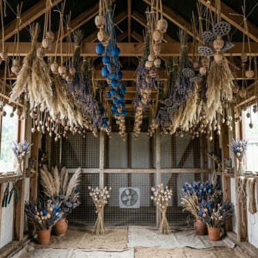 Blue poppy pod seeds paired with pampas grass, lavender, and lotus pods in a textured dried floral arrangement."