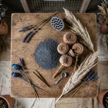 Flat-lay of blue-gray poppy seeds beside dried poppy pod capsules illustrating their nutritional and botanical context.