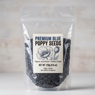 Packaged blue poppy pod seeds for sale online with a label indicating Papaver pod type, grade, and quantity.