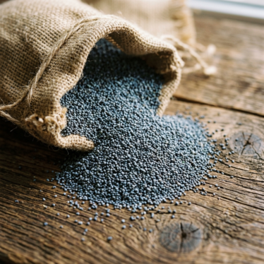 Bulk blue poppy seeds displayed in a burlap sack for wholesale food-grade sourcing.