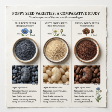 Comparison of blue, white, and brown poppy seed varieties by color and size.