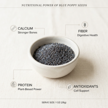 Blue poppy seeds in a ceramic bowl with nutrition callouts for calcium, fiber, protein, and antioxidants.