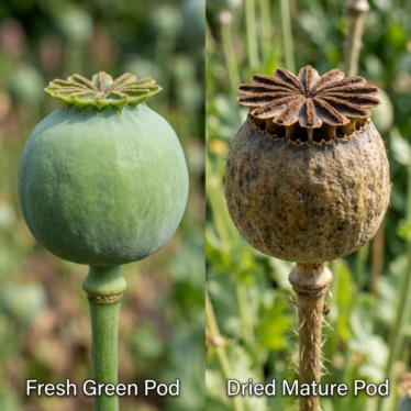 Side-by-side comparison of a fresh green poppy pod and a mature dried brown poppy pod