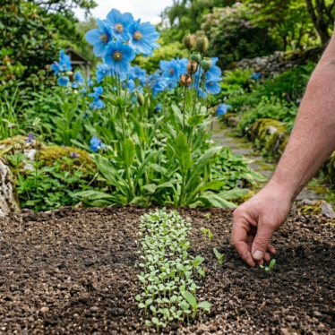 Blue poppy seedlings emerging after germination