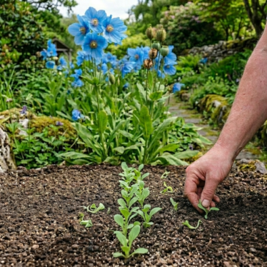 Blue poppy seedlings thinned for airflow and healthy growth