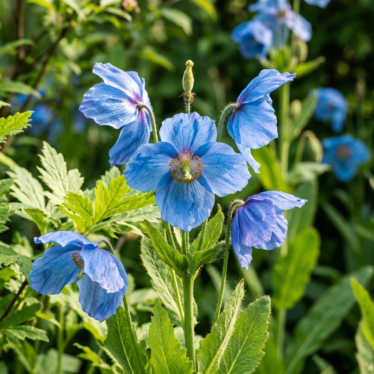 Vibrant blue poppy flowers (Meconopsis betonicifolia) blooming in a shaded garden.