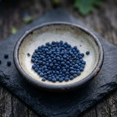 Close-up of tiny dark blue poppy seeds ready for planting.