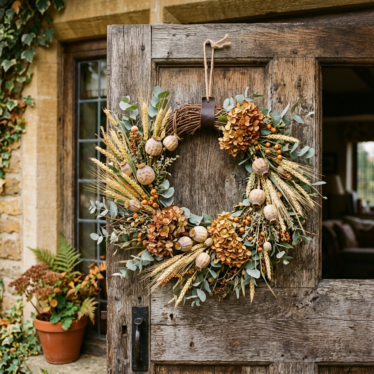 DIY autumn wreath with dried poppy pods, wheat, and eucalyptus hanging on a rustic wooden door