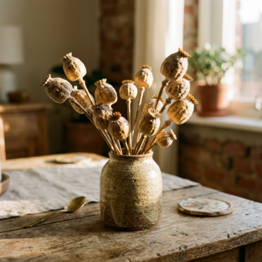 A close-up of dried poppy pods arranged in a ceramic vase on a sunlit wooden table
