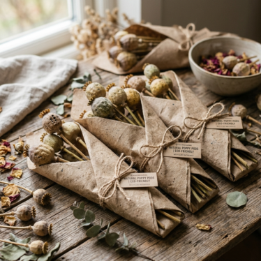 Dried poppy pods packaged in recycled paper with natural twine for eco-friendly shipping.