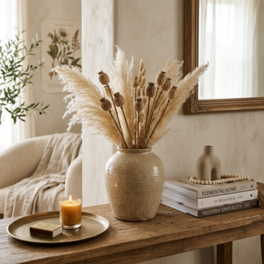 Decorative poppy pods arranged with pampas grass on a modern console table