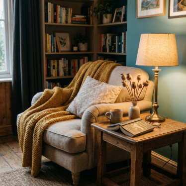 Eco-friendly dried poppy pods decorating a cozy reading nook side table.