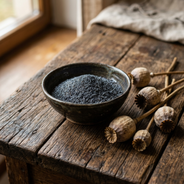 Finely ground premium poppy powder in a bowl next to dried poppy pods.
