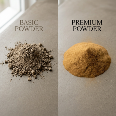 Comparison of low-quality poppy powder next to fine premium dried poppy powder.