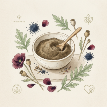 Infographic showing seven health benefits of poppy powder.
