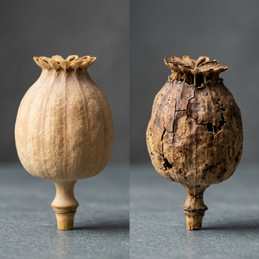 Premium thick-walled poppy pod beside thin cracked low-grade pod in close-up comparison.